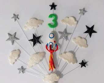 Rocket, space personalised age birthday cake topper, handcrafted, handmade cake decoration