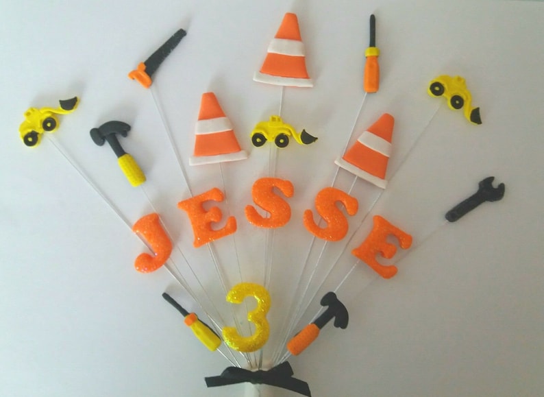 digger construction birthday cake topper Handmade cake decoration Building personalised name and age