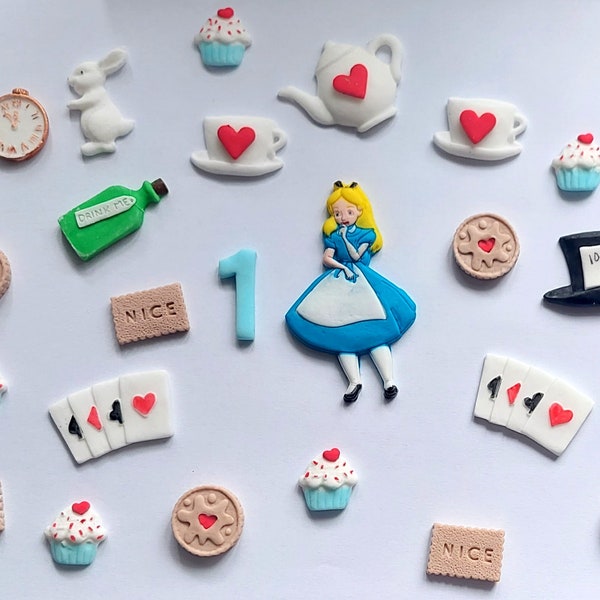 Tea party, Alice in wonderland loose cake decorations, birthday, personalised age, handmade