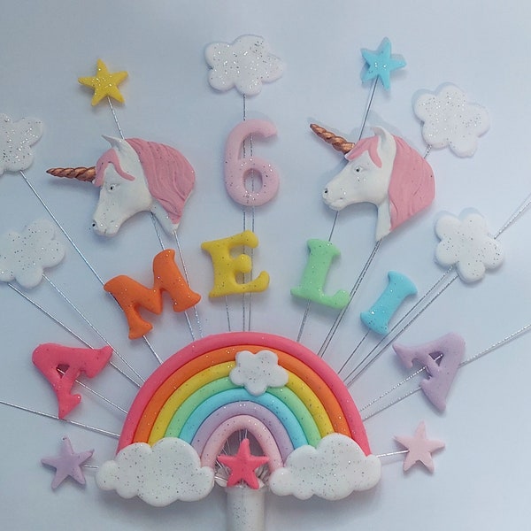 Pastel Rainbow unicorn birthday cake topper, personalised name and age, handmade cake decoration