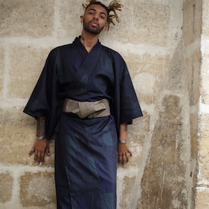 Traditional Japanese yukata in checkered cotton, Sumo pattern, with a matching belt Blue-Green
