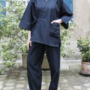 Denim Samue, Kimono top and pants with pockets,100% cotton, japanese traditional cloth