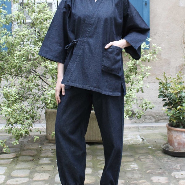 Samue en jean, ensembles haut kimono et pantalon en coton 100%