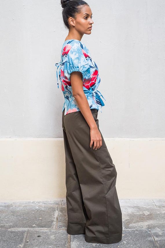 【BAON】Gedita Strap Work Wide Cotton Pants Womens Mens Japanese Wide Leg Pants Extra Baggy Cotton Linen