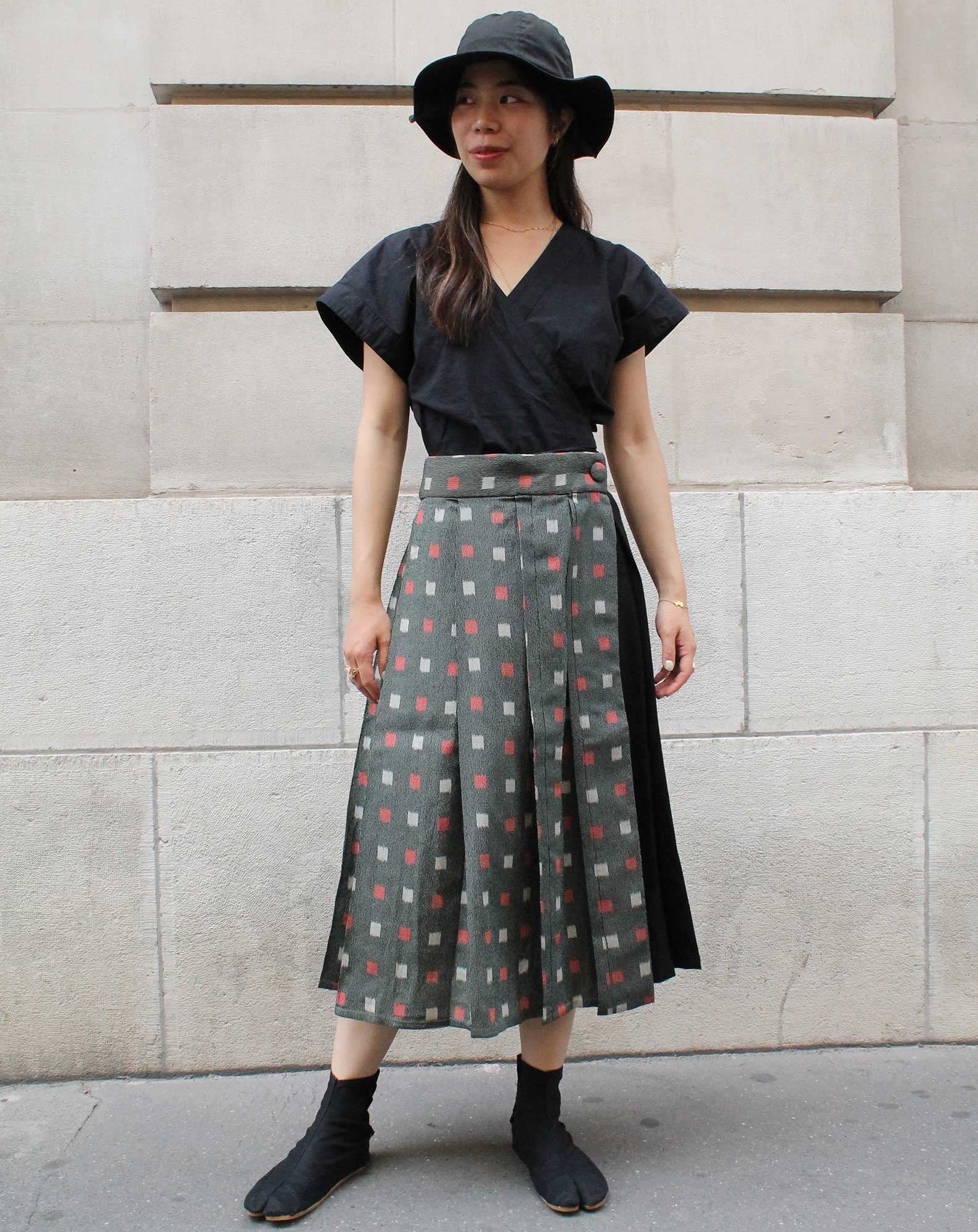 Pleated Kimono Skirt With Checkered and Khadi Fabric Pleated Kimono Skirt With Checkered and Khadi Fabric