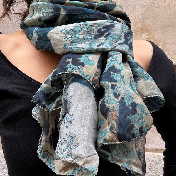 Echarpe Hokusai vague 100% soie, Grand vague de Hokusai, Foulard unisexe