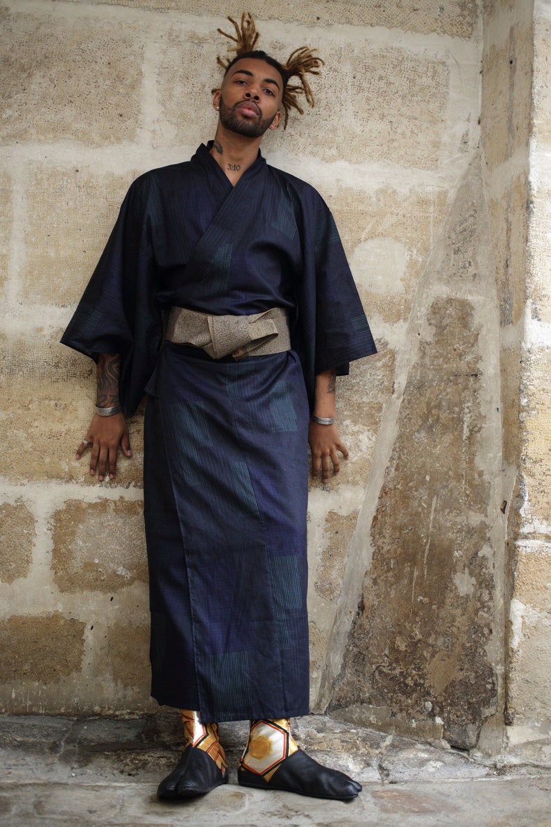 Traditional Japanese yukata in checkered cotton, Sumo pattern, with a matching belt Blue-Green