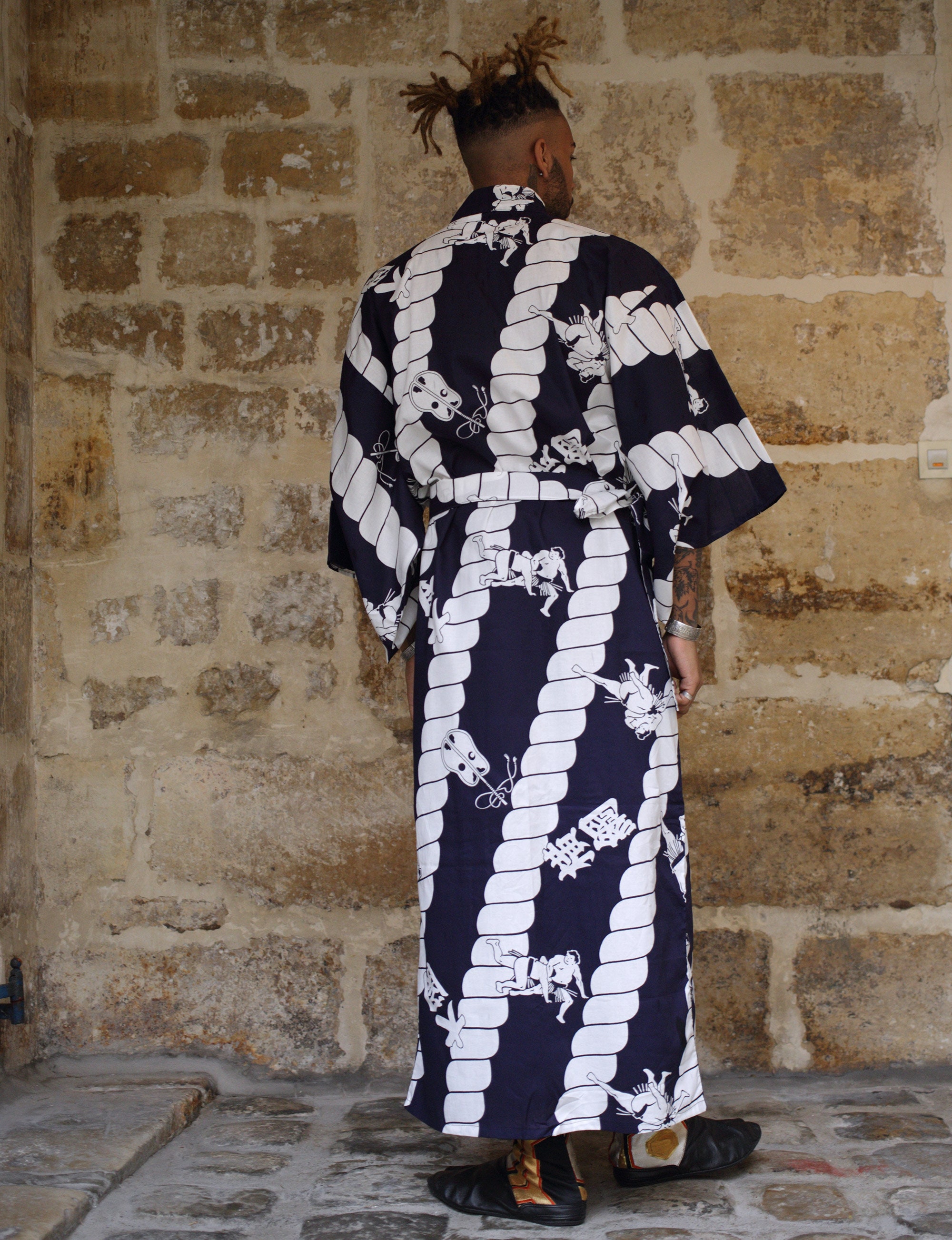 Traditional Japanese Cotton Yukata, Sumo Pattern, With