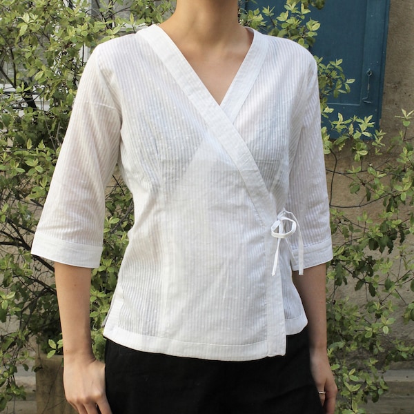 Top avvolgente con maniche a 3/4, stile Kimono, 100% cotone