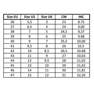 May include: A size conversion chart for shoes, showing European, US, UK, and centimeter measurements. The chart includes sizes 36 to 47 in European sizing, with corresponding measurements in US, UK, and centimeters.