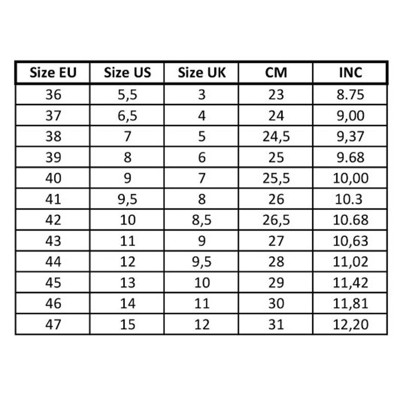 May include: A size conversion chart for shoes, showing European, US, UK, and centimeter measurements. The chart includes sizes 36 to 47 in European sizing, with corresponding measurements in US, UK, and centimeters.