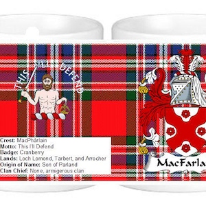 Scottish Clan Crest Wappen Details & Tartan Abgebildet MacFarlane McGill MacGillivray MacGregor MacInnes MacIntyre MacKay Keramikbecher