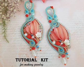 Pink powder stud long earrings San Valentine day gift. Silk shibori soutache embroidery earrings Italian soutache jewelry
