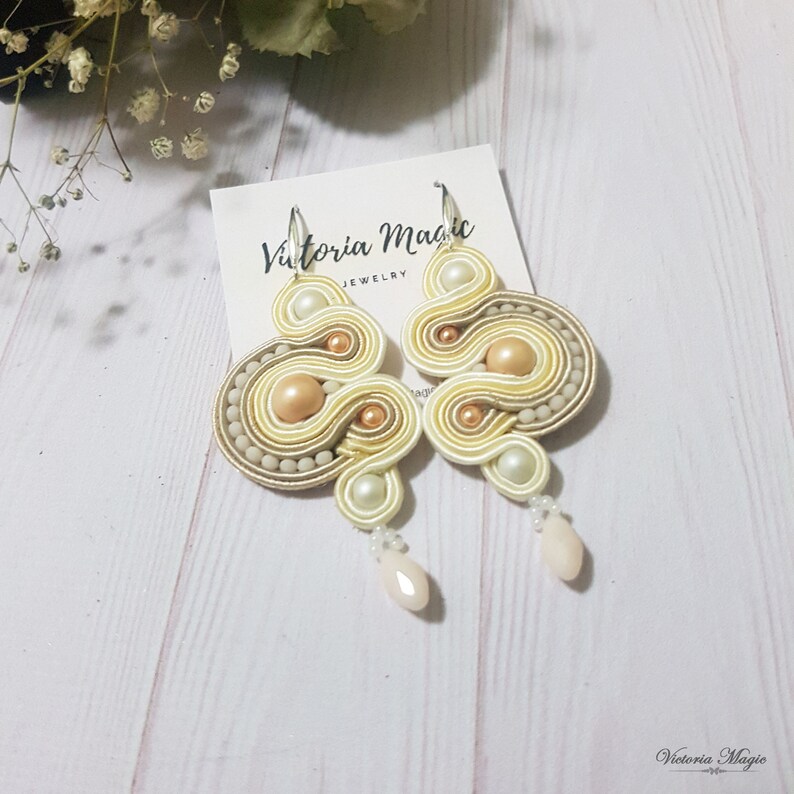 Bride Soutache Earrings Christmas gift Dangle Soutache Earrings Gift for mom Beige Soutache Earrings Gift for her Wedding Earrings