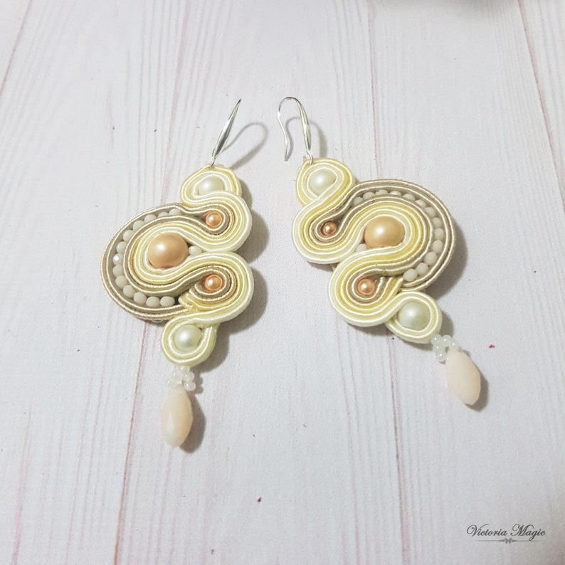 Bride Soutache Earrings Christmas gift Dangle Soutache Earrings Gift for mom Beige Soutache Earrings Gift for her Wedding Earrings