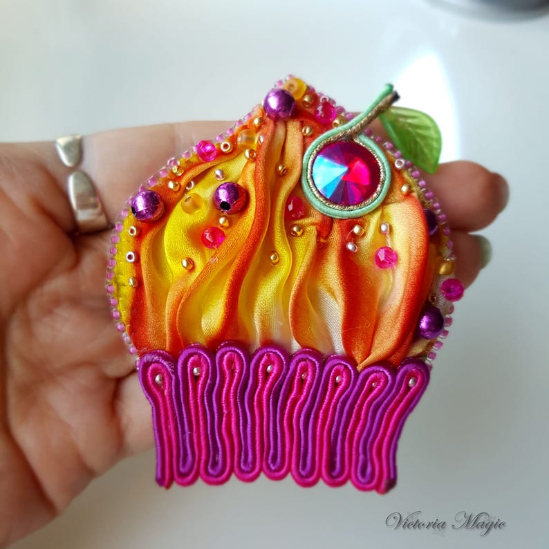 Brooch Cupcake Brooch With Shibori Ribbon Bead Embroidered Etsy