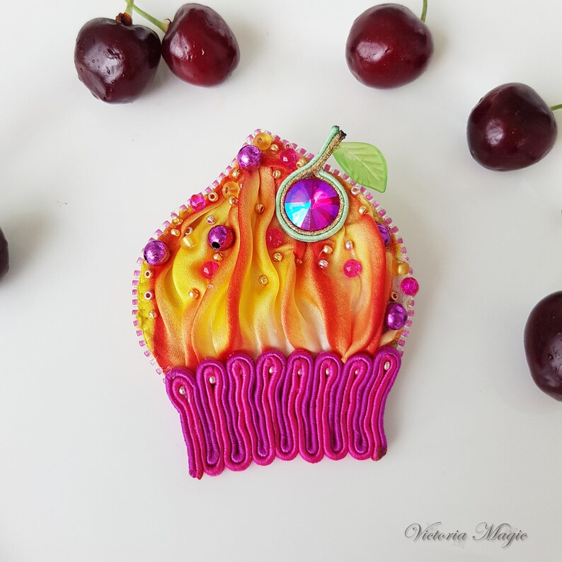 Brooch Cupcake Brooch With Shibori Ribbon Bead Embroidered Etsy