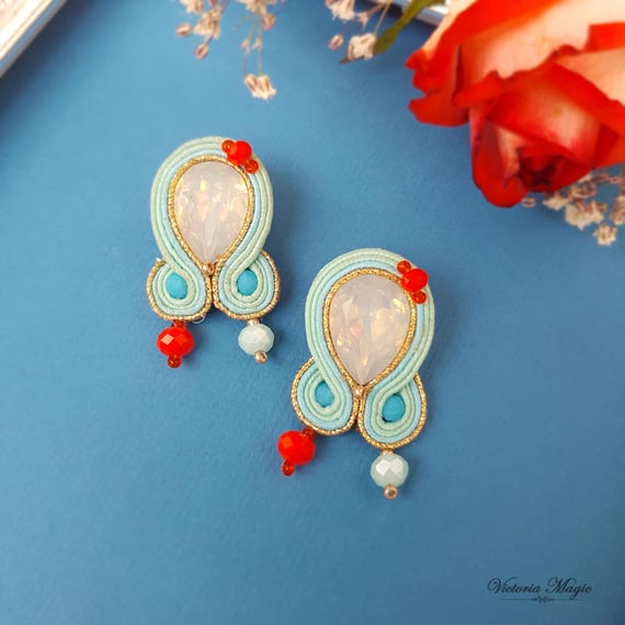 Pink powder stud long earrings San Valentine day gift. Silk shibori soutache embroidery earrings Italian soutache jewelry