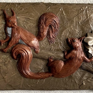 Cold Cast Metal (Copper & Bronze) Red Squirrels Sculpture Signed Wall Art Plaque Wall Art Picture