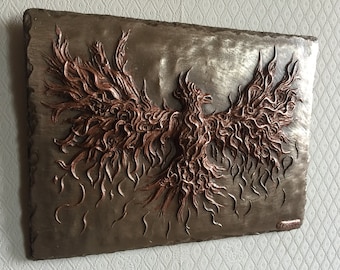 Cold Cast Bronze & Copper Phoenix Sculpture Signed Wall Art Relief HAND MADE for Home or Garden