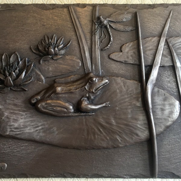 Frog Lily Pad Cold Cast Bronze Signed Wall Art Sculpture Plaque Relief Picture Highly Detailed HOME or GARDEN