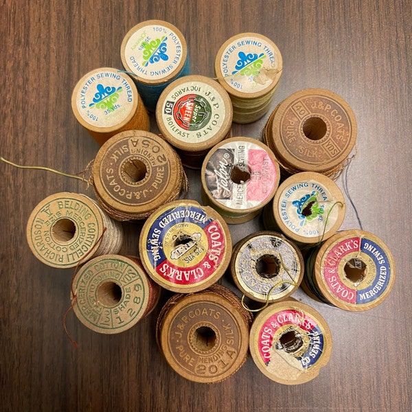 Vintage Lot of Cotton and Silk Thread on Wooden Spools