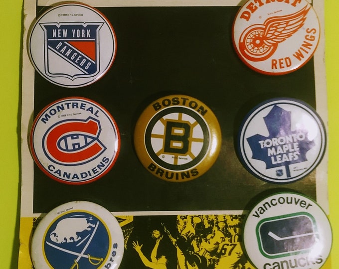 Featured listing image: Vintage 1969 NHL Hockey Pins: Carded Rah! Rahs! Collectibles