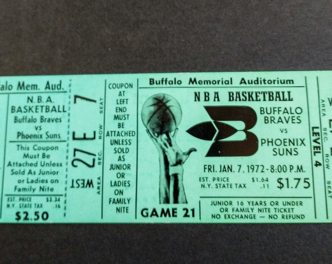 Featured listing image: Vintage 1972 Buffalo Braves Ticket: NBA Basketball Memorabilia