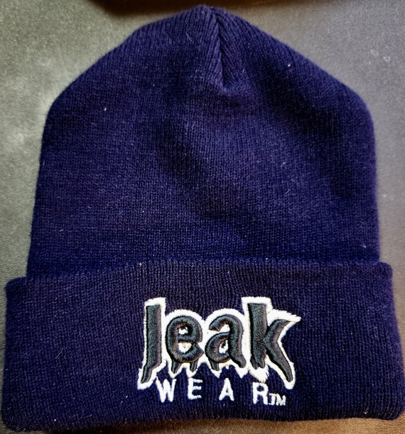Vintage 90s Leak Wear Knit Beanie Hat: Navy Blue Embroidered NOS
