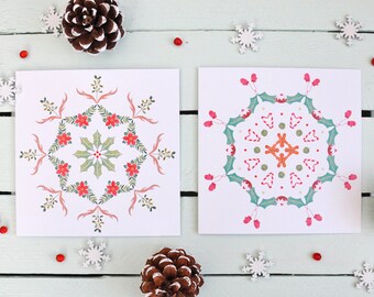 Mandala Christmas Cards - Festive Mandala Pattern - Set of 6 Cards - 2 Designs - Antlers + Mistletoe - Gingerbread Men - Holiday Card Pack