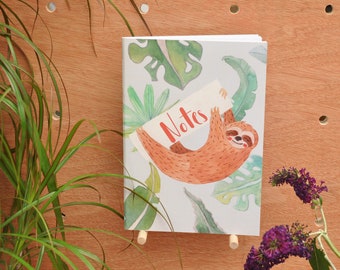 Sloth Notebook, A5 Notebook, Blank Notebook, Animal Notebook, Illustrated Sketchbook, Watercolour, Tropical Plant Notepad, Tropical Journal