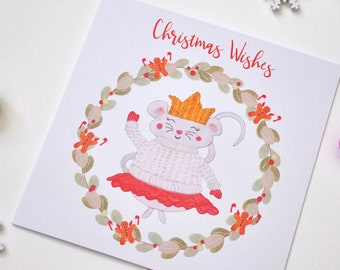 Mouse Christmas Card - Ballerina Mouse - Cute Christmas Card - Mouse Holiday Card - Christmas Wishes - Gingerbread Wreath - Knitted Crown