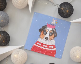Dog Christmas Card - Merlie Dog - Festive Dog Card - Blank Card - Dog Holiday Card - Snowy Dog - White Rabbit - Bunny