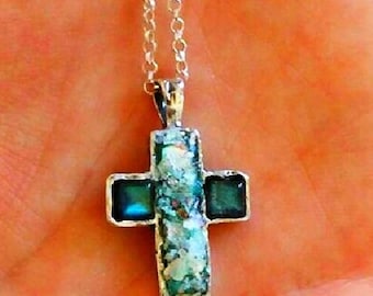 Bluenoemi Israeli Jewelry Sterling Silver Cross from the Holy Land with roman glass and Gemstones