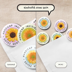 K&ouml;nnte beinhalten: Eine Sammlung von Buttons mit Sonnenblumenmotiven in verschiedenen Gr&ouml;&szlig;en und Farben. Die Buttons tragen den Text "HANDICAP INVISIBLE SOYEZ GENTIL" und sind in wei&szlig;em Papier verpackt. Der Text "Emball&eacute; avec soin" ist ebenfalls enthalten.