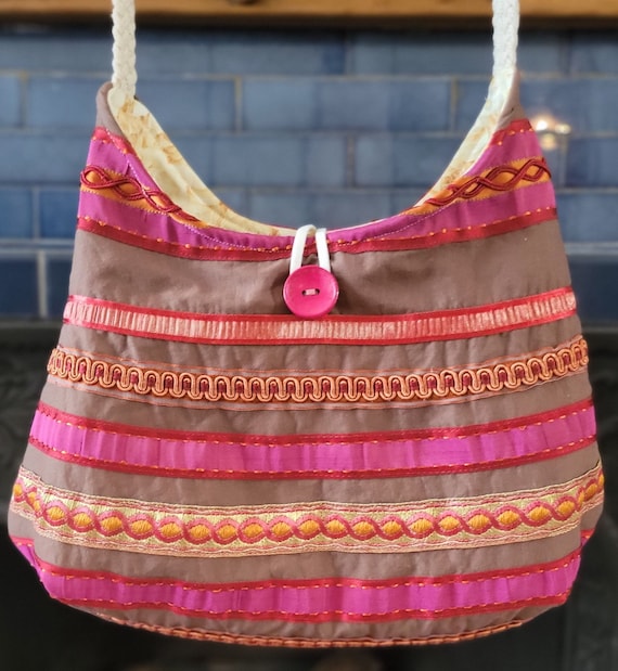 Upcycled Boho Bag Recycled Purse Handmade Pink Hobo Purse