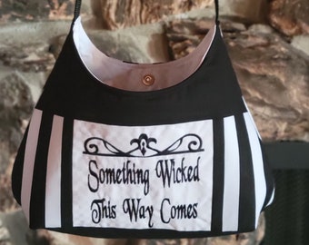 Handmade Gothic Hobo Bag: Black and White Stripe, Embroidered Witchy Purse