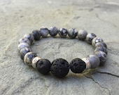Lava rock and picture jasper essential oil diffusing beaded stretch bracelet ( diffuser bracelet, gemstone bracelet, unisex bracelet, gray )