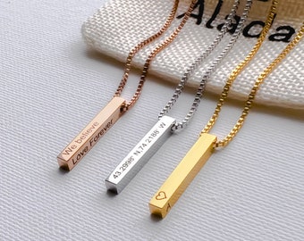 Engraving 4 Sided Bar Necklace , Stainless steel bar necklace ,Customize bar necklace  , Square 3D Bar, valentine's day gift