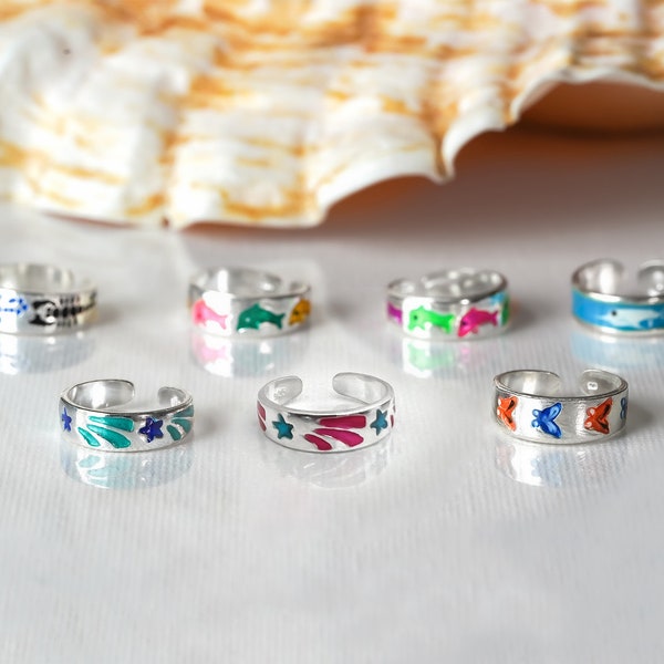 Sterling silver toe ring, Painted with enamels, Kid's toe ring, Silver ring, Pinky ring, Colorful ring, Kid's toe ring with pattern