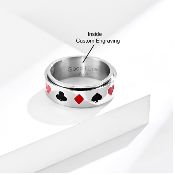 Stainless Steel Spinner Poker Ring, Custom Engraving Spinning Ring, Playing Card Ring,  Lucky Poker Spinner Ring,  Fidget Ring, Gift for Him