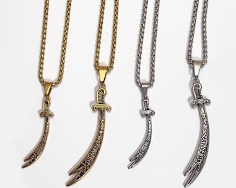 Stainless Steel Zulfiqar Necklace, Stainless Steel Scripture written carved Zulfiqar necklace,  Islamic Gold Sword Necklace (CN03)