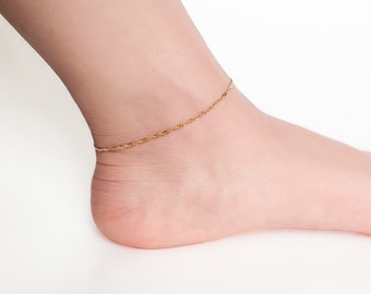 Singapore  Gold Ankle, 18K Gold Plated Over Stainless Steel Anklet, Flat Curb Gold Vermeil Anklet,  Birthday Gift, Mother's Day Gift