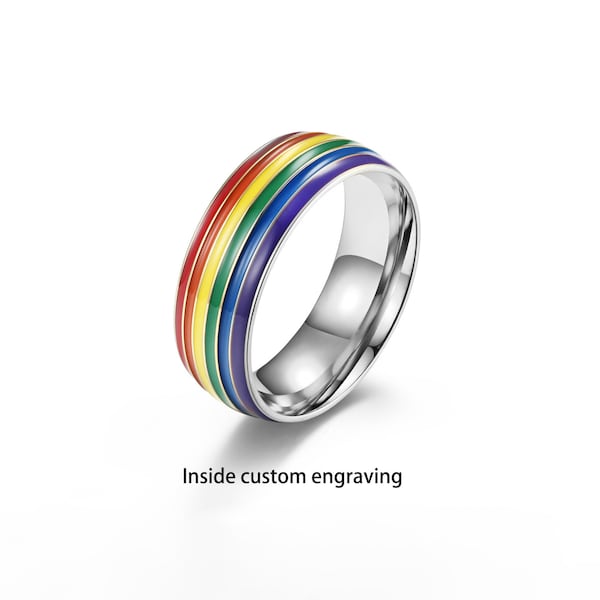 Stainless Steel Rainbow Ring, Bisexual Pride Ring, Personalized Engraved Ring, Gay Wedding Ring , LGBT Rings, 2SLGBTQIA+ Rings, Rainbow Ring