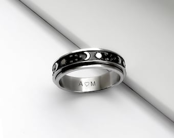 Sun, moon & star ring, Stainless steel spinner ring, Inside engraved ring, Spinner ring, Fidget ring, valentine&#39;s day gift(R24)