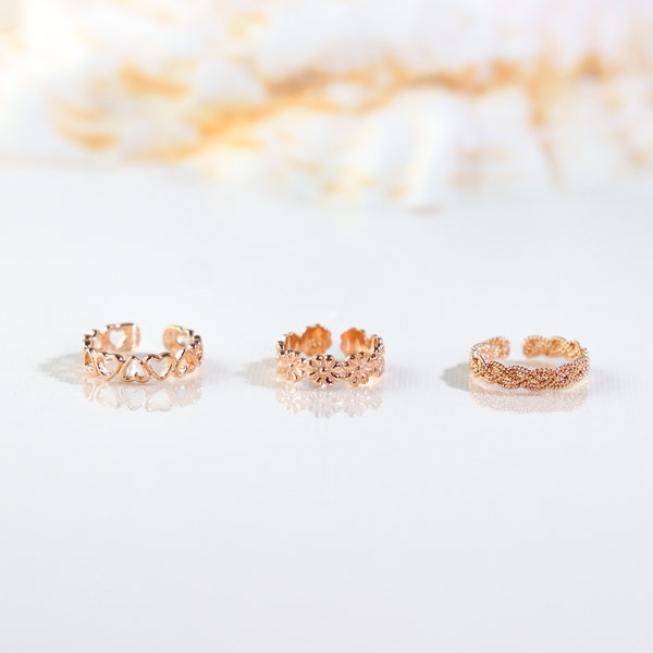 14k Rose Gold Plated sterling Silver Toe Ring, Heart Rose Gold Toe Ring, Daisy Toe Ring, Braided Design Toe Ring,Adjustable Ring,Pinky Ring