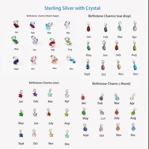 925 Sterling Silver Crystal Birthstone Charm, Bracelet or Anklet Charm, Round, Star, Teardrop, Heart Shape Charms (CN02)
