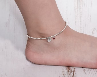 925 Sterling Silver Anklet, Initial Anklet, Birthstone Anklet, Personalized Anklet, Custom Anklet, Ankle Bracelet, Bead Chain Anklet