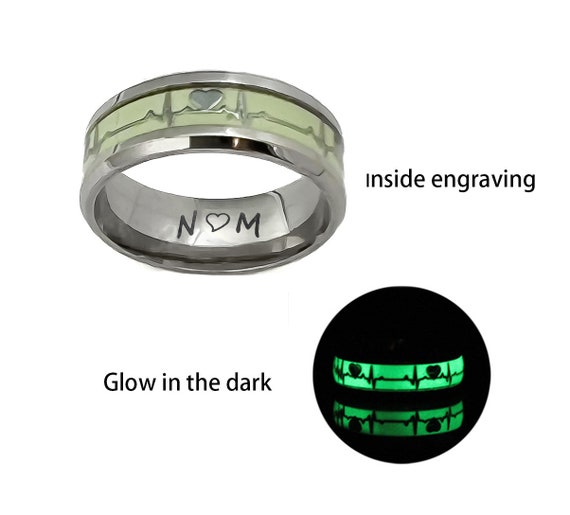 Glow in the Dark Promise Rings for Couples, Silver Matching Rings