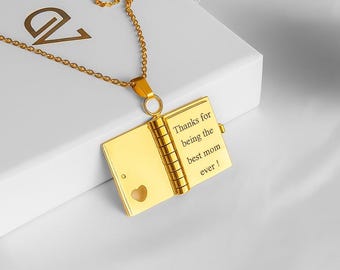 Collana con libro inciso personalizzato, portachiavi a forma di libro, regali per gli amanti dei libri, collana con medaglione personalizzata, regalo di San Valentino (CN10)
